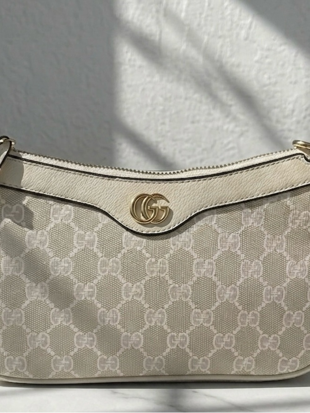 Gucci Cream-Beige GG Monogram Shoulder Bag with Gold Hardware
